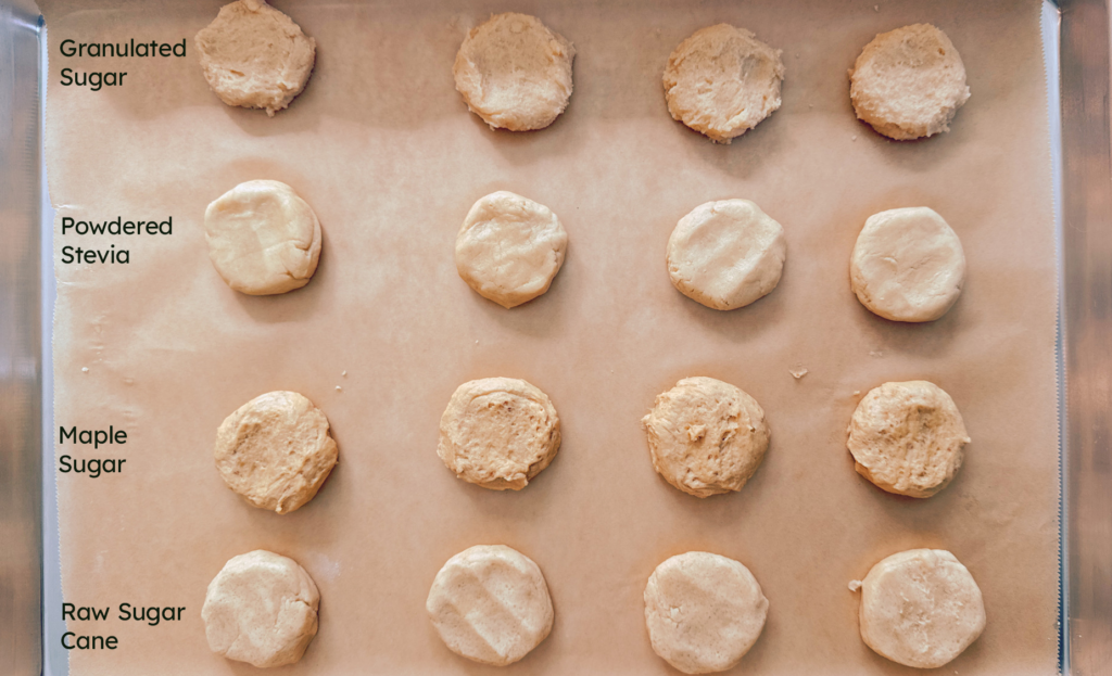 Four types of cookie dough on parchment